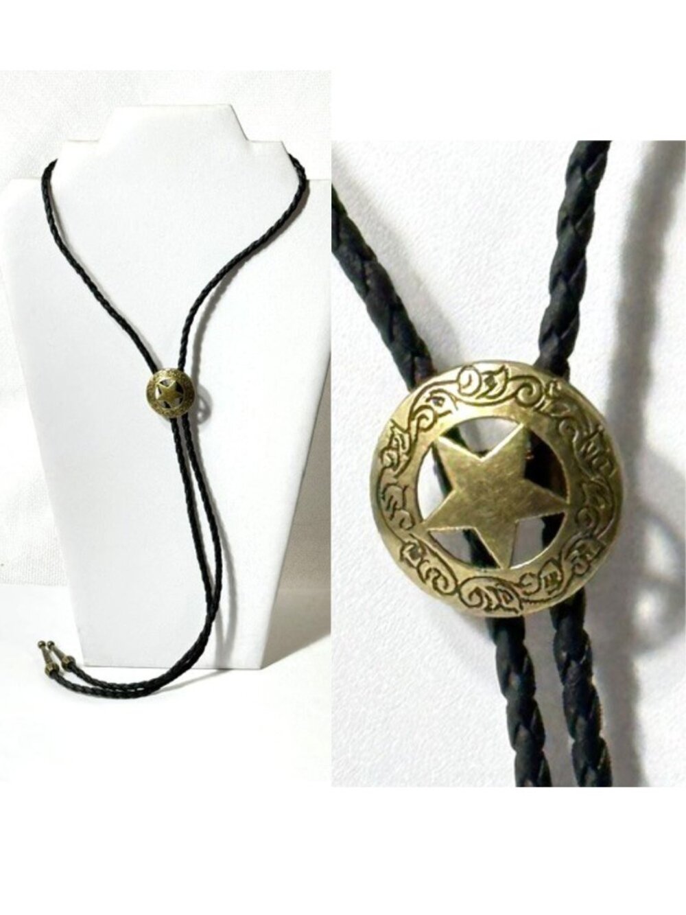 Gold-tone sheriff star western cowboy bolo tie.